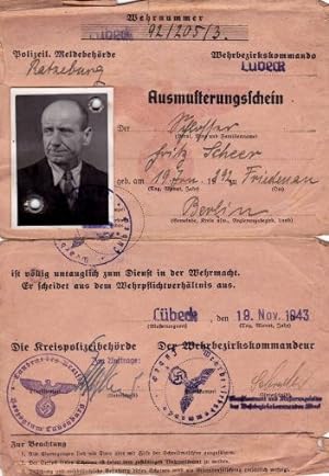 Ausmusterungsschein für den Schlosser Fritz Scheer, geb. am 19. Juni 1892 zu Friedenau (Berlin). ...
