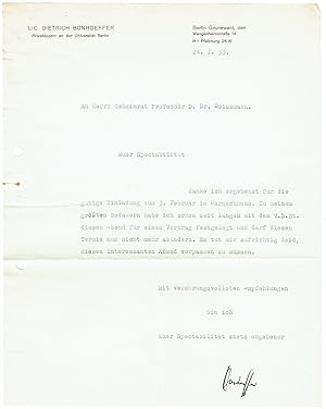 Bild des Verkufers fr Ms. Brief mit eigenhndiger Unterschrift  Bonhoeffer". zum Verkauf von Kotte Autographs GmbH