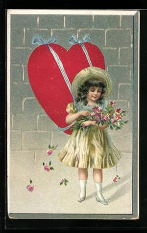 Bild des Verkufers fr Ansichtskarte Mdchen mit grossem Herz und Blumen zum Verkauf von Bartko-Reher