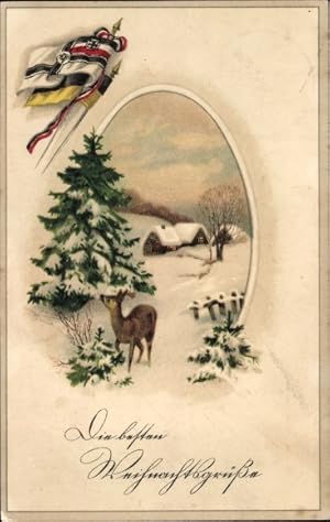 Ansichtskarte / Postkarte Glückwunsch Weihnachten, Winterlandschaft, Reh, Fahnen