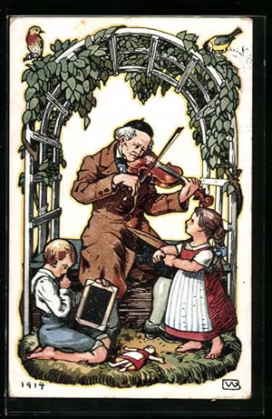 Künstler-Ansichtskarte Augsburg, 19. Bayerische Lehrerversammlung 1914, Lehrer mit Geige und Kindern