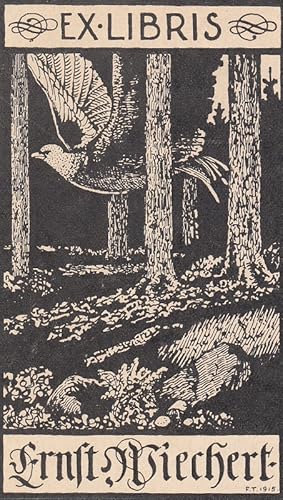 Seller image for Ex Libris Ernst Wiechert [Deutscher Schriftsteller, 1887-1950]. Vogel, zwischen Stmmen hindurchfliegend. for sale by Antiquariat  Braun