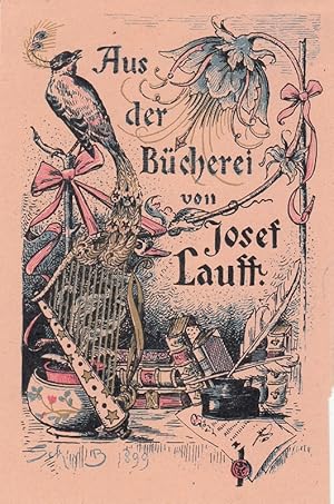 Imagen del vendedor de Aus der Bcherei von Josef Lauff [Deutscher Schriftsteller, 1855-1933]. Topfpflanze, kleine Harfe, Pfau, Bcher, Schreibzeug und blaue Blume. a la venta por Antiquariat  Braun