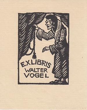 Bild des Verkufers fr Ex Libris Walter Vogel. Mann in Hausmantel, Vorhang haltend. zum Verkauf von Antiquariat  Braun