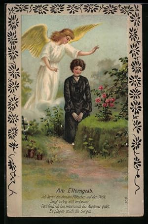 Bild des Verkufers fr Ansichtskarte Dame im schwarzen Kleid trauert am Elterngrab mit Engel zum Verkauf von Bartko-Reher