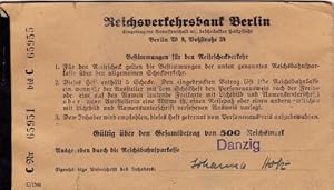 Scheckheft der Reichsverkehrsbank Berlin über den Gesamtbetrag von 500 Reichsmark für Johanna Holz.