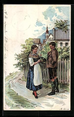 Bild des Verkufers fr Knstler-Ansichtskarte E. Dcker: Angebetete freut sich ber geschenktes Blmchen zum Verkauf von Bartko-Reher