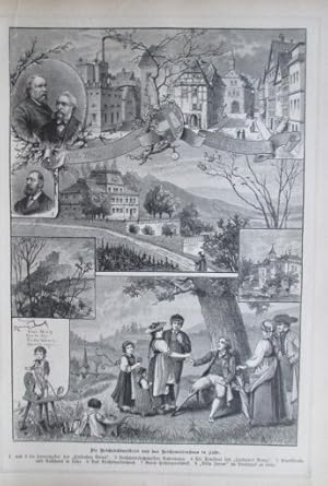 Image du vendeur pour Die Reichsfechtmeisterei und das Reichswaisenhaus in Lahr". Sammelblatt mit 8 Detailansichten. Original - Holzstich aus einer Zeitschrift = rckseitig mit Text, 26 x 18 cm, ca. 1883. mis en vente par Antiquariat Michael Eschmann