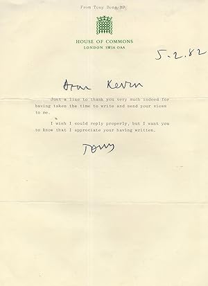 Seller image for Tony Benn Labour MP House Of Commons Hand Signed Autograph Letter for sale by Postcard Finder