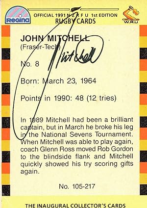 Bild des Verkufers fr John Mitchell Waikato 1991 Hand Signed Rugby Card Photo zum Verkauf von Postcard Finder