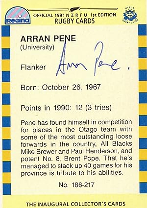 Imagen del vendedor de Arran Pene Otago NZ Rugby Team 1991 Hand Signed Card Photo a la venta por Postcard Finder