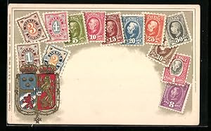 Bild des Verkufers fr Prge-Ansichtskarte Briefmarken und Wappen Schwedens, Kronen zum Verkauf von Bartko-Reher