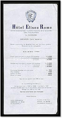 Hotel Eliseo Rome 1966 Season Rate Sheet