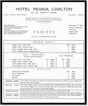 Hotel Regina Carlton, Rome Italy 1966 Season Rate Sheet