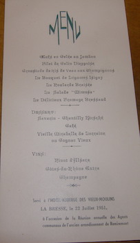 Menu. Hotel Auberge Des Vieux-Moulins. 22 Juillet 1951.