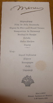 Menu. Hotel Amet, Bamont-Saulxures-Sur-Moselotte. 26 Octobre 1950.