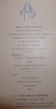 Menu. Hotel Auberge Des Vieux-Moulins. 22 Juillet 1951.