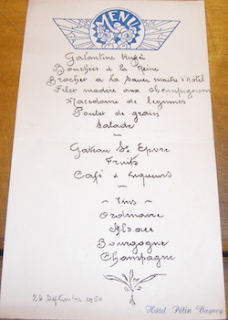 Menu. Hotel Petin Vagney. 24 Septembre 1950.