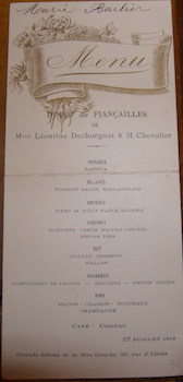 Menu. Grands Salon de la Rive Gauche, Diner de Fiancailles. 27 Juillet 1913.