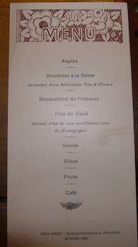 Menu. Hotel Amet, Bamont-Saulxures-Sur-Moselotte. Menu list begins with Bouchees A La Reine.
