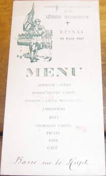 Menu. Hotel Amet, Bamont-Saulxures-Sur-Moselotte. 10 Aout 1947.