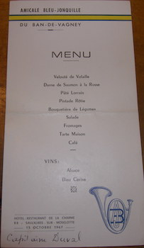 Menu. Hotel Restaurant De La Charme, Saulxures-Sur-Moselotte. 15 Octobre 1967.