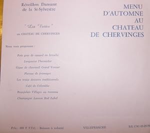 Menu D'Automne Au Chateau De Chervinges. Reveillon Dansant de la St. Sylvestre "Les Voutes."