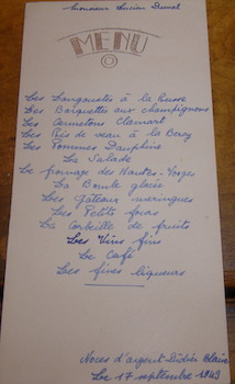 Menu. Noces D'Argent Didier Blaine. 17 Septembre 1949.