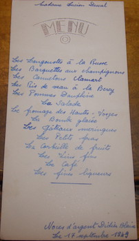 Menu. Noces D'Argent Didier Blaine. 17 Septembre 1949.