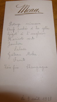 Menu. Signed by Madame Julles Duval. 9 Aout 1928.