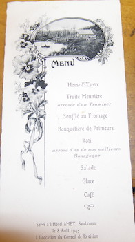 Menu. Hotel Amet, Bamont-Saulxures-Sur-Moselotte. 8 Aout 1945.