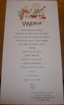 Menu. Nouvel Hotel H. Cuny, Saulxures-Sur-Moselotte. 9 Avril 1954.