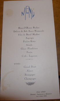 Menu. Hotel Amet, Bamont-Saulxures-Sur-Moselotte. 5 Juin 1952.