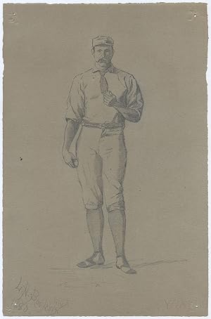 Original Drawing of a Baseball Pitcher in Uniform, holding a Baseball