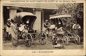 Ansichtskarte / Postkarte Congrégation de Saint Joseph de Cluny, Inde, En pousse pousse, Rikschen