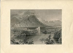 Irlanda. , Ballynahinch (Lake & Castle), grabado en 1840 copia de William H. Barlett