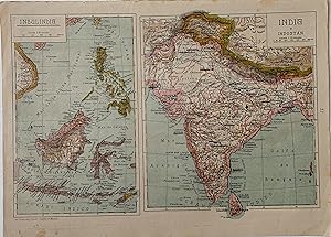 Mapa de Insulindia y de India. Litografia editada en Madrid alrededor 1900