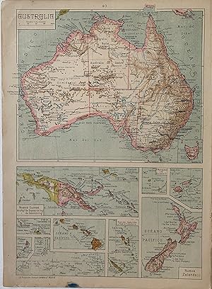 Mapa de Australia y Nueva Zelanda. Litografia editada en Madrid alrededor de 1900.
