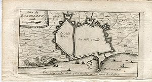 Plan de Barcelona. Mont Iouy. Le Mole. La Terfane. Grabado por Vander Aa, 1715