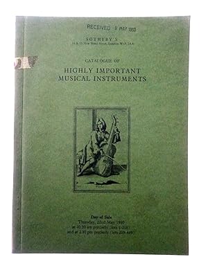 Imagen del vendedor de Highly Important Musical Instruments. 22nd May 1980 Sotheby's London Auction Sale Catalogue + list of Prices Realised. Comprising Violins, Violas, Violoncellos and Aviola Da Gambas Including the "Miss Doubleday, Ex Duvette", a Violin, by Joseph Guarneri Del Jesu, Cremona, 1741., a Violin, by Antonio Stradivari, Cremona, 1695 a Violin, by Pannes Baptista Guadagnini, Milan, 1753 a Violin, by Francesco Rugeri, Cremona, 1696 a Violin, by Joseph Rocca, Turin, 1845 a Violin, by Wean-baptiste Vuillaume, Paris, Circa 1845 a Violin, by Januarius Gagliano, Naples, Circa 1750 a Viola, by Carlo Ferdinando Landolfi, Milan, Circa 1712 a Violoncello, by Matteo Goff Riller, Venice, Circa 1700 a Violoncello, by Spiritus Sorsana, Cunei, 1726 . . etc. a la venta por Tony Hutchinson