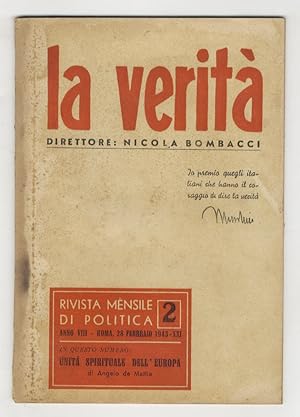 VERITÀ (LA). Direttore Nicola Bombacci. Rivista mensile di politica. Anno VIII. N. 2. 28 febbraio...