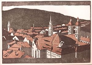 Seller image for Blick auf St. Gallen. Farbiger Holzschnitt. for sale by Antiquariat Joachim Lhrs