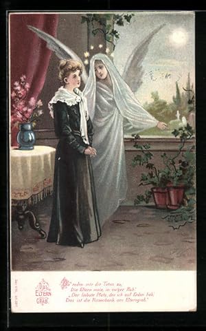 Bild des Verkufers fr Knstler-Ansichtskarte Elterngrab, Frau im schwarzen Kleid mit Engel zum Verkauf von Bartko-Reher
