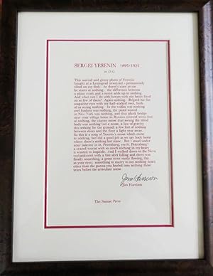 Sergei Yesenin 1895 - 1925 to D.G. (Signed Poetry Broadside)