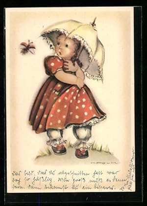 Bild des Verkufers fr Knstler-Ansichtskarte Hilla Peyk: Mdchen im roten Kleid mit Sonnenschirm und Kfer zum Verkauf von Bartko-Reher