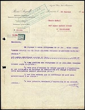 Facture René Segall à Paris Matières premières Produits chimiques etc