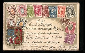 Bild des Verkufers fr Prge-Lithographie Schweden, Briefmarken und Wappen mit Kronen zum Verkauf von Bartko-Reher