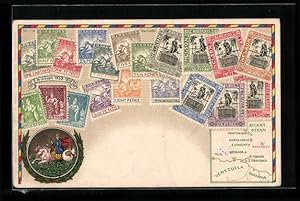 Ansichtskarte Barbados, Briefmarken und Bild mit Königswagen, Landkarte