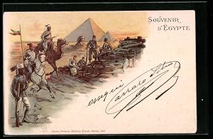 Bild des Verkufers fr Lithographie Gizeh, Araber mit Pferd und Dromedar, Im Hintergrund die Sphynx zum Verkauf von Bartko-Reher