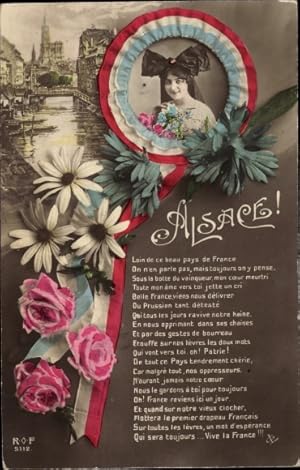Bild des Verkufers fr Ansichtskarte / Postkarte Alsace, Frau in Tracht, Stadtansicht, Vive la France zum Verkauf von akpool GmbH